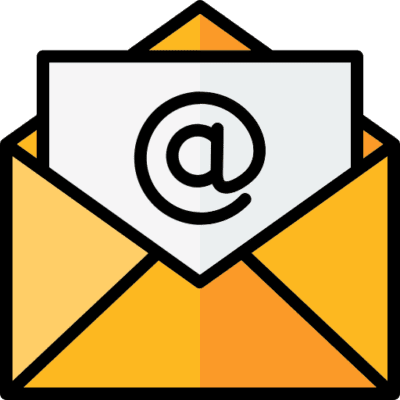 Open yellow envelope with a white card showing a large @ symbol, representing email or contact.